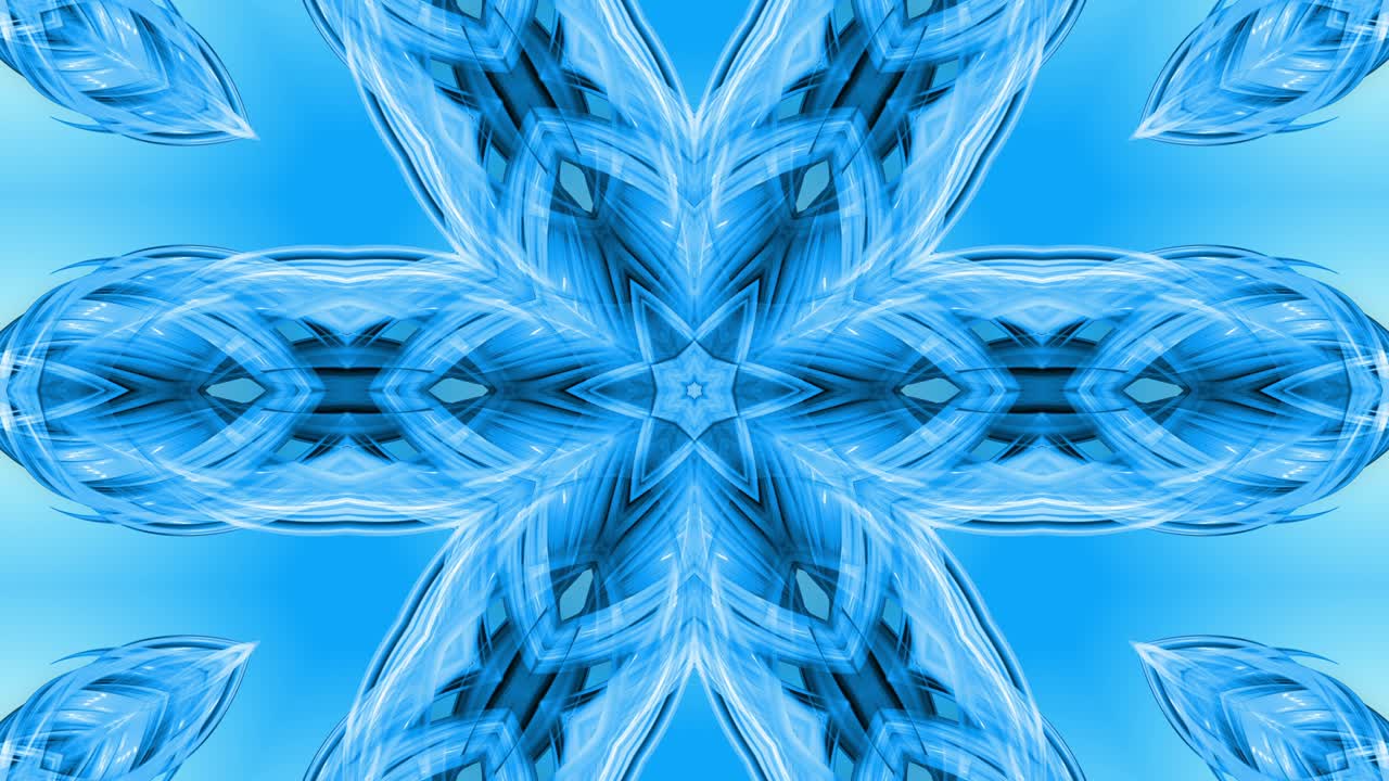 animación en bucle 3d, un fondo abstracto con cintas azules girando y formando estrellas o copos de nieve como con un efecto caleidoscópico. imágenes sin costuras de 4k con luma matte como canal alfa. 21