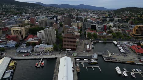 Constitution-Dock-end-point-of-the-Sydney-to-Hobart-Yacht-race,-Hobart-City-,-drone-view