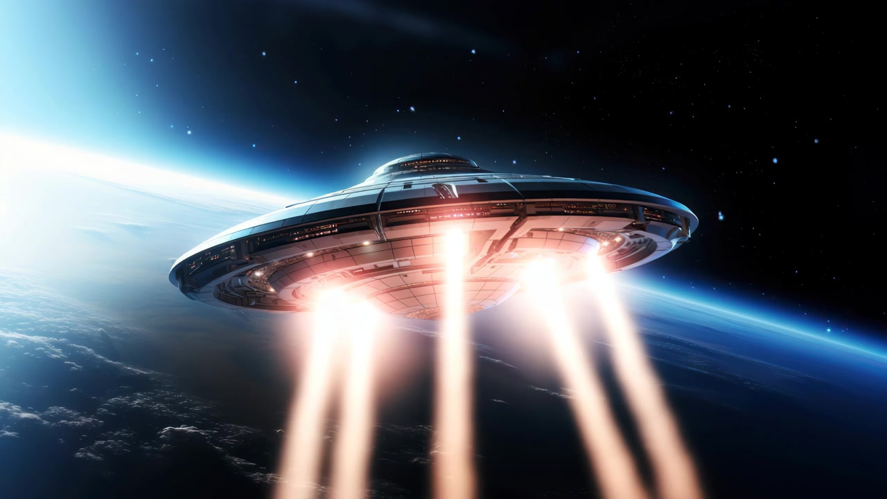 Futuristic Alien Spaceship Hovering Above a Planet