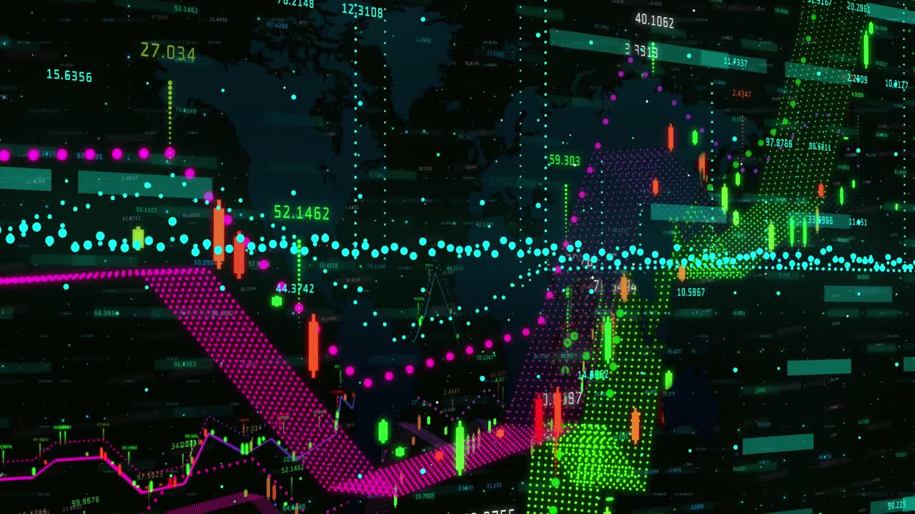 animación del procesamiento de datos financieros sobre el mapa del mundo