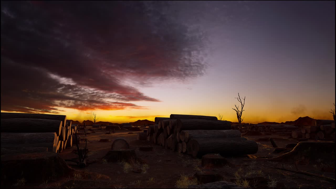 un atardecer desolado sobre un paisaje deforestado