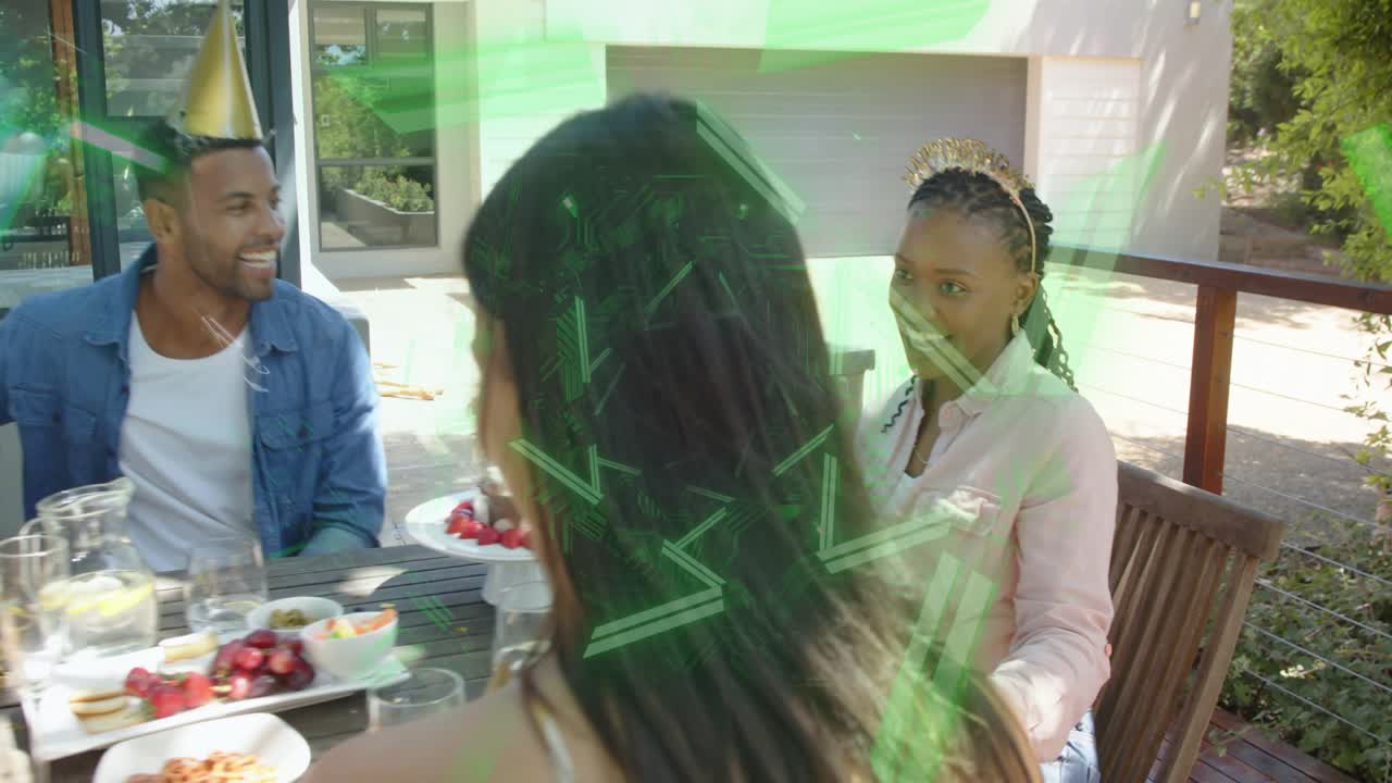 Guests sliding cake and gift honoree reacting during birthday event amid green beams crossing faces