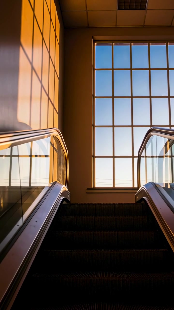 Video vertical: Escalera mecánica que comienza a moverse hacia arriba hacia una ventana, con pasamanos de cristal y peldaños.