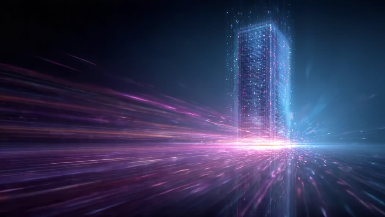Futuristic skyscraper composed of light and energy, captured in dynamic motion with vibrant colors, suggesting speed and technological advancement
