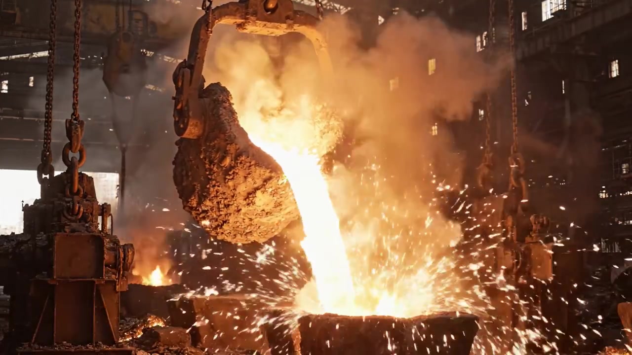 Intenso processo di colata del metallo in una fonderia, ripreso in sequenza, che mostra alte temperature, metallo fuso che scorre e i punti salienti dell'atmosfera industriale.