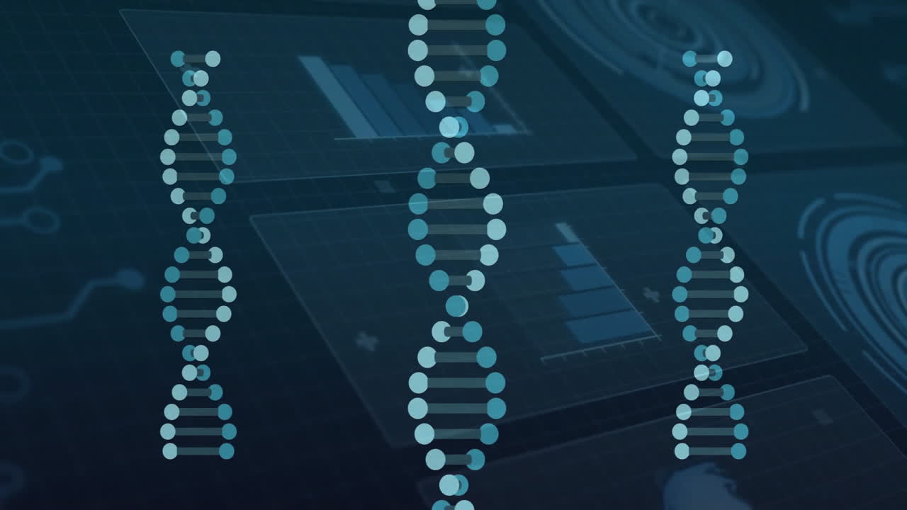 DNA strands and data charts animation over digital interface background