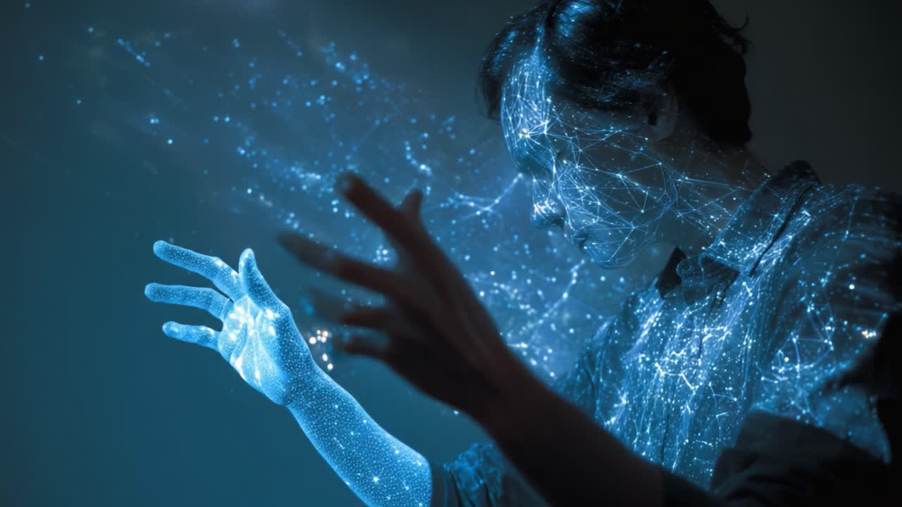 A Dynamic Display of Neon Connections: A Human Figure Engaged in an Abstract Interaction with Digital Patterns and Ethereal Light Representing Data and Technology Concepts