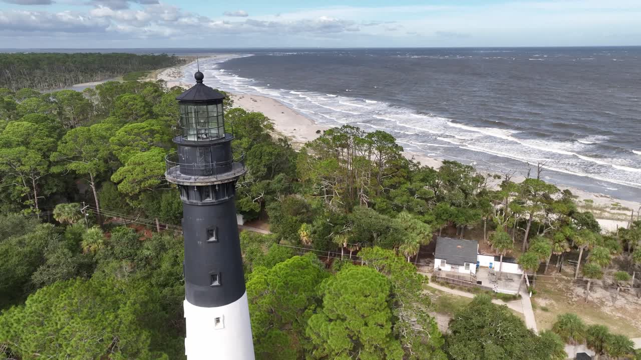 close fly by hunting island beach lighthouse in south carolina near beaufort