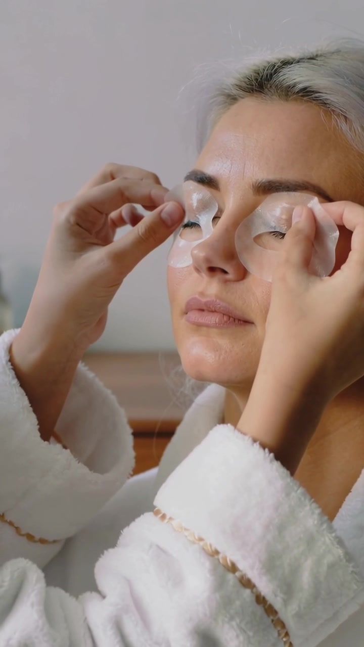 Video vertical: Mujer en bata sosteniendo dos parches de gel, aplicándolos bajo los ojos frente al tocador para el cuidado de la piel.