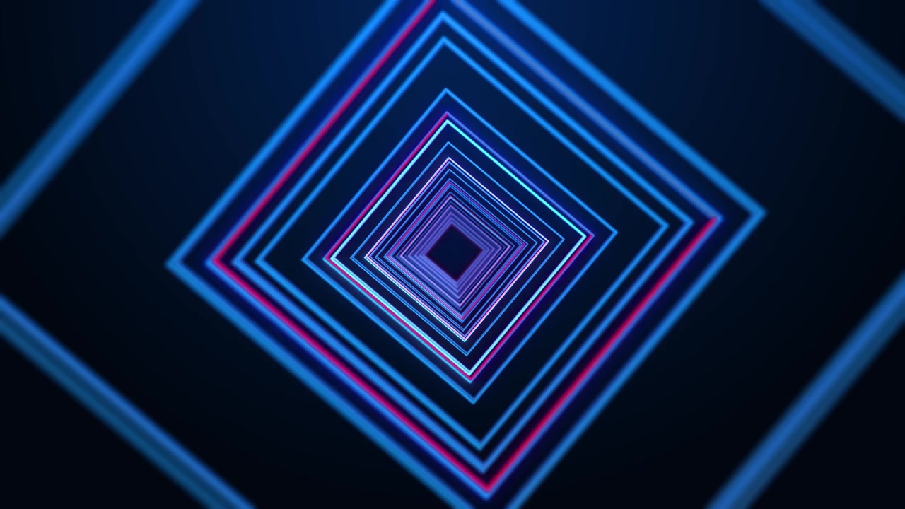 Blue pink geometric portal visual with repeating diamond frames dark center and glowing tunnel depth