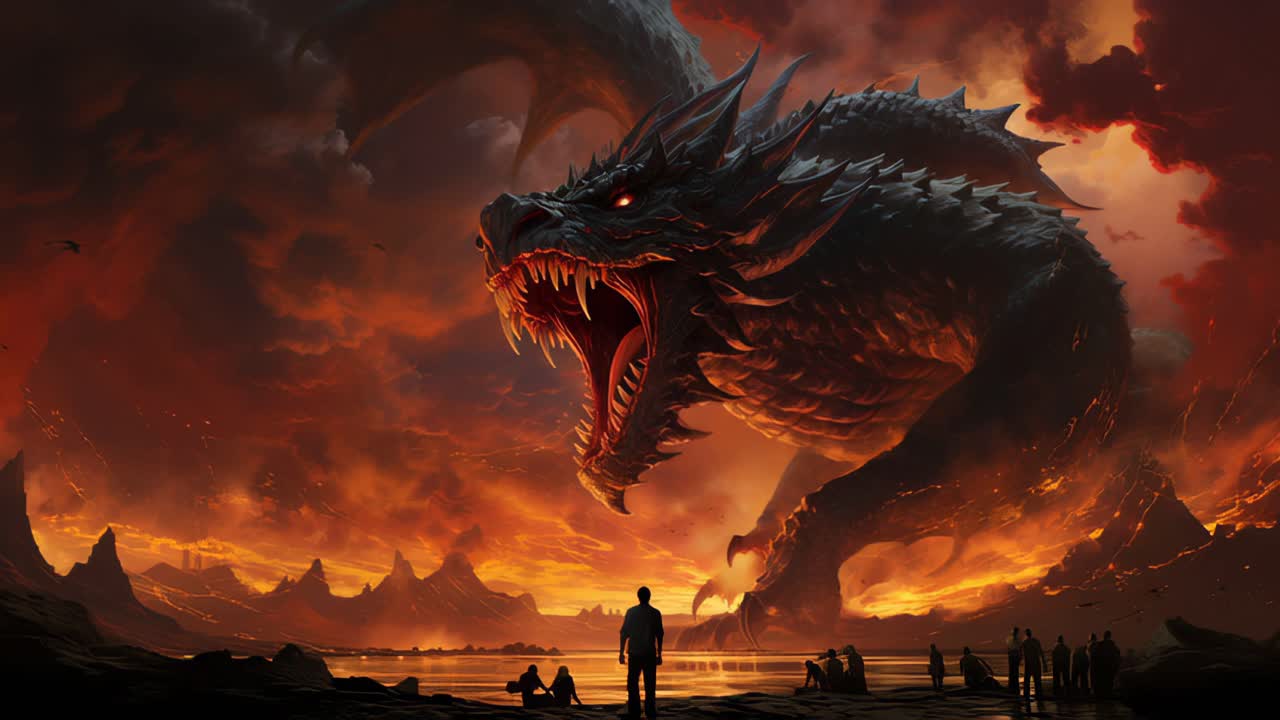 Dragon's menace looms people stare up in awe