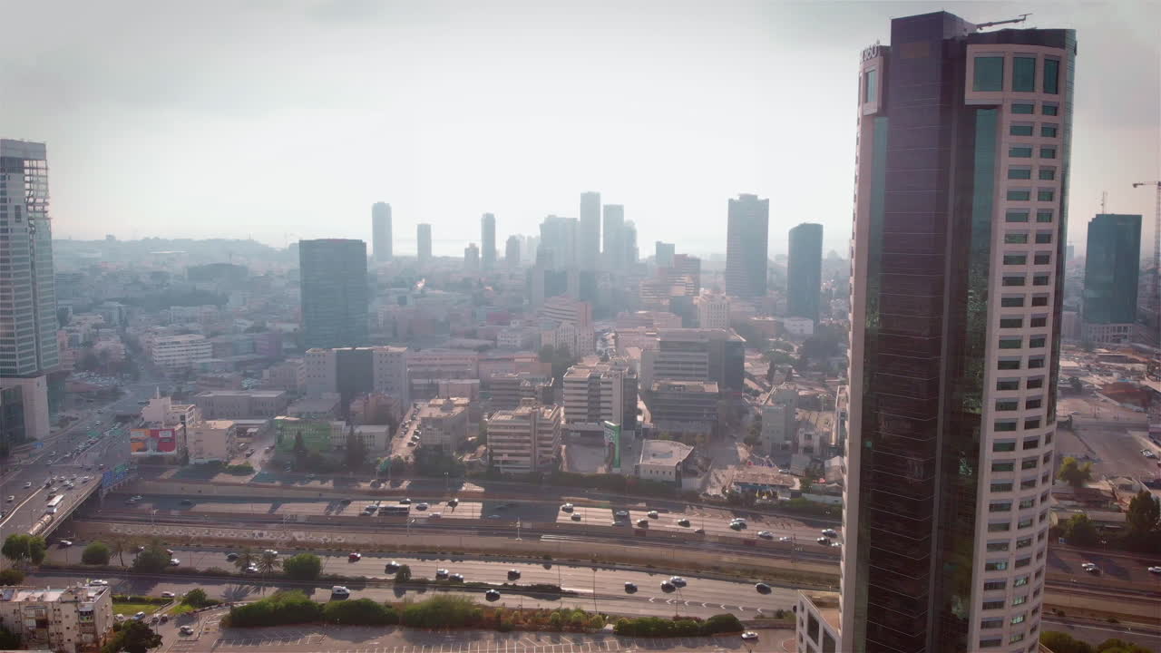 City skyline traffic and pollution Aerial