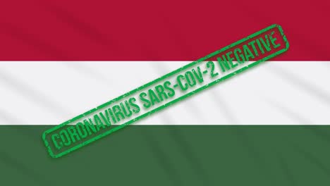 bandera húngara balanceándose con un sello verde de libertad del coronavirus, bucle