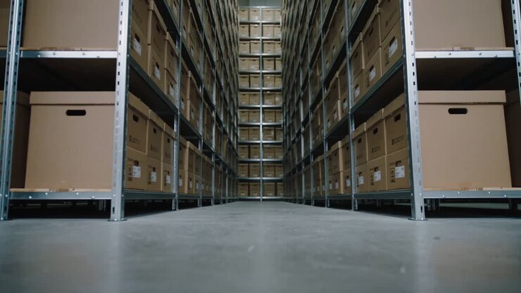 Pushing low camera gliding forward along narrow aisle, revealing cardboard boxes on metal shelving