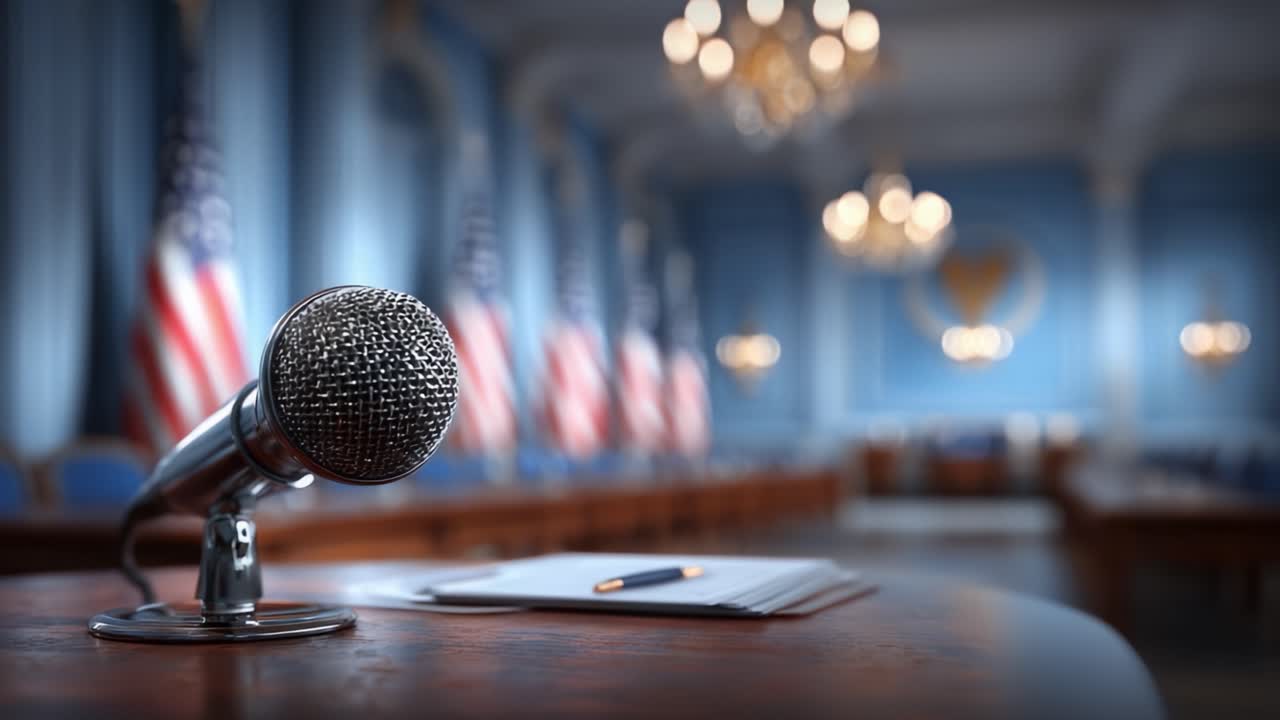 Close-Up de um Microfone em um Púlpito com Bandeiras Americanas ao Fundo, Destacando o Cenário para Discussões ou Reuniões Importantes