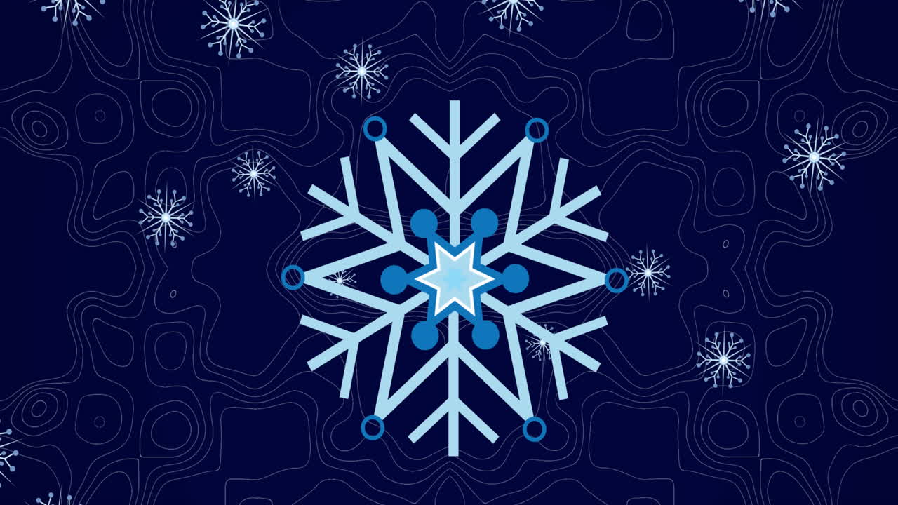 Animation of snowflakes floating against topography pattern against blue background
