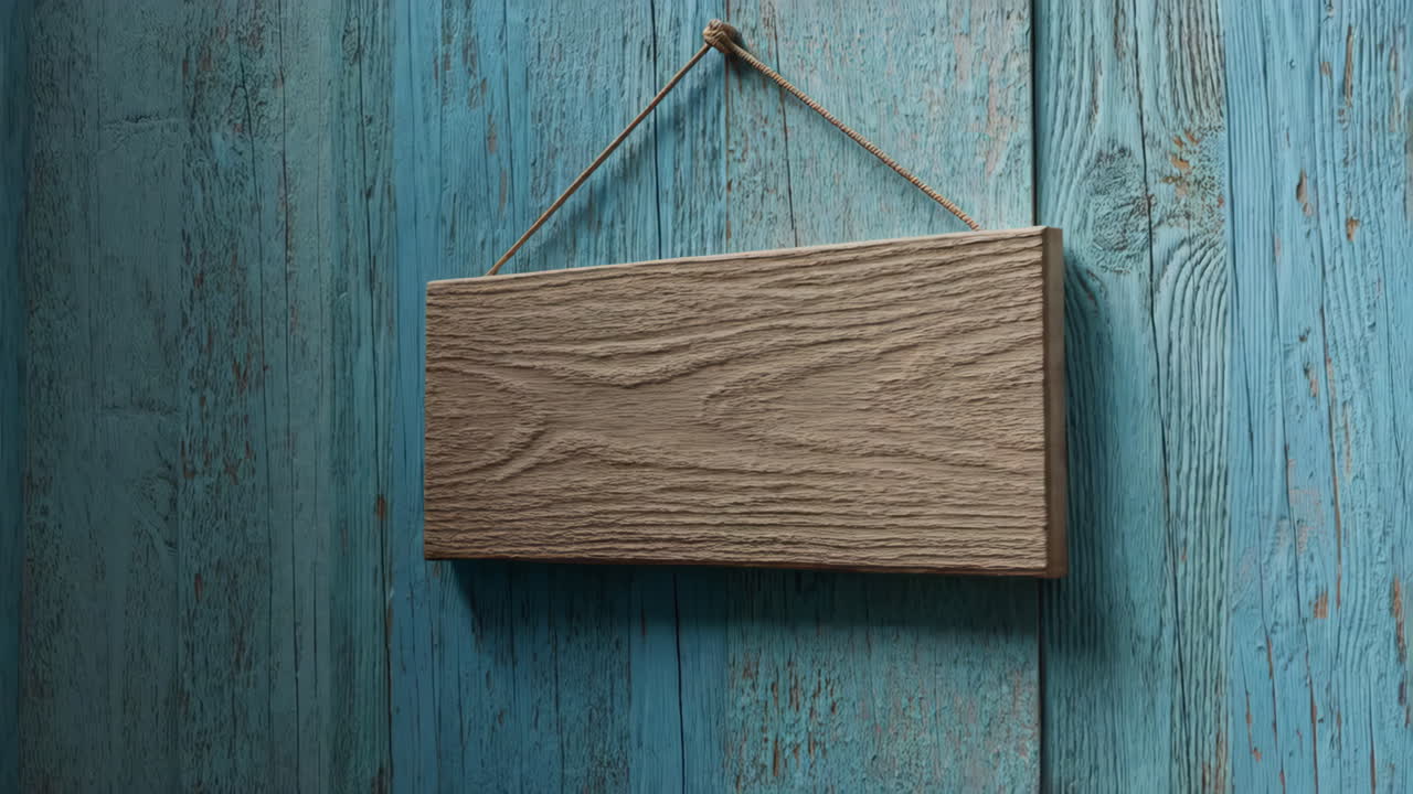 Blank wooden sign hanging on a distressed blue wooden wall