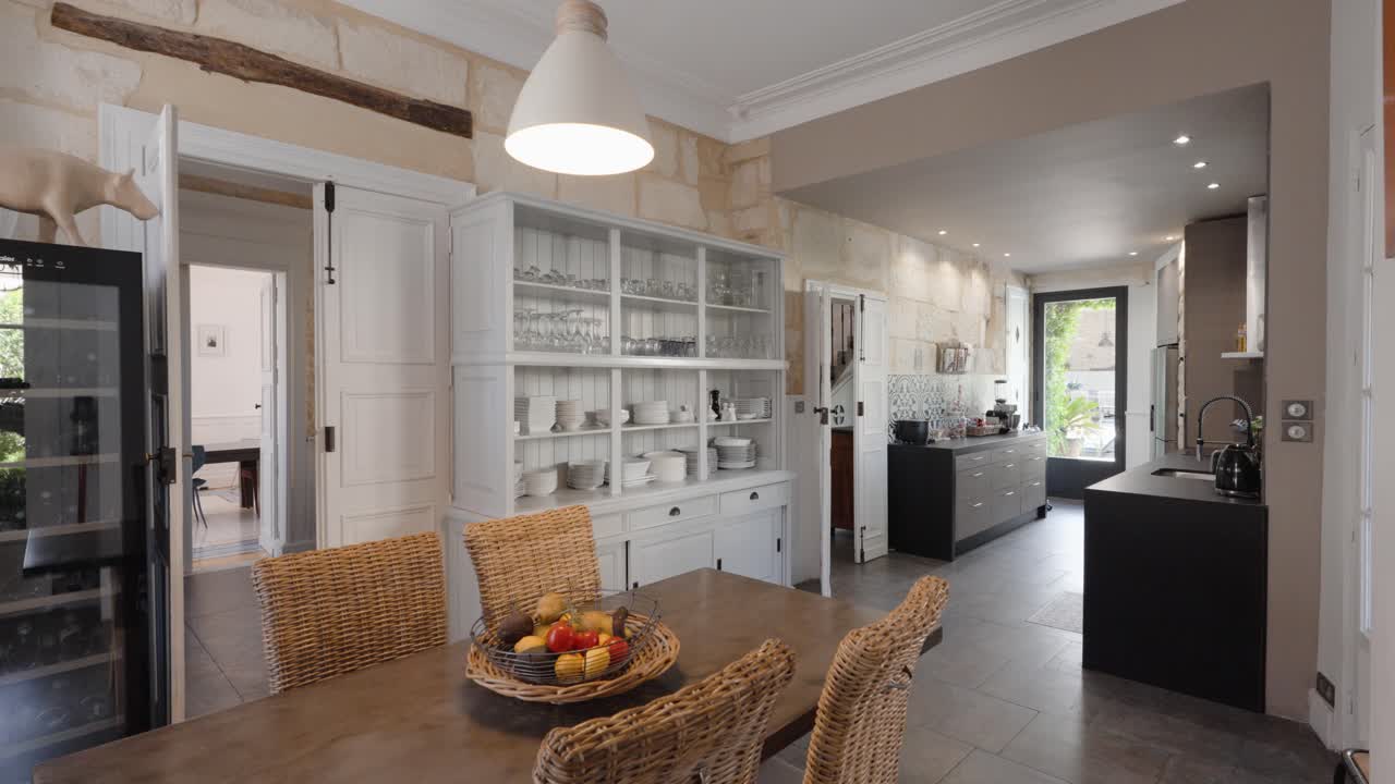 Establishing shot of a luxury open-plan kitchen with a dining table