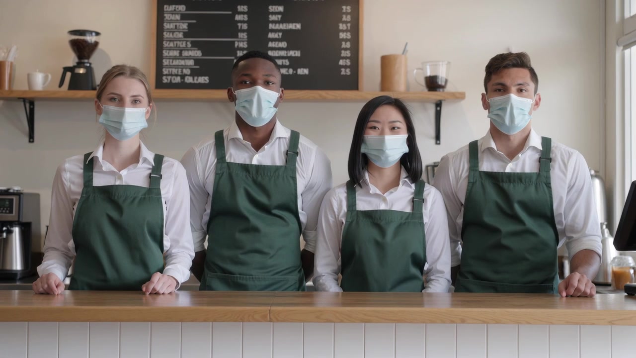 Personale del caffè che posa dietro il bancone con le mani appoggiate, indossando grembiuli verdi e mascherine.
