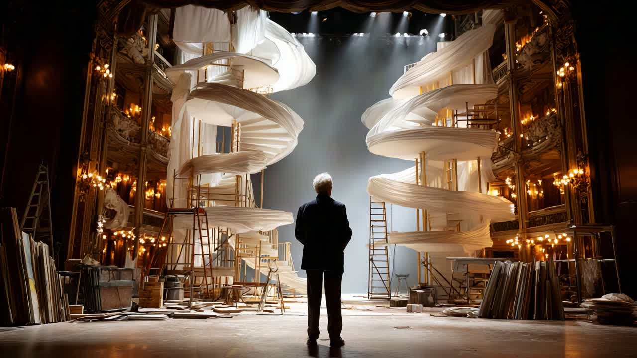A Visionary in Contemplation: A Stage Design Unfolding with Dramatic Spiral Stairs and Soft Drapery, Capturing the Essence of Creativity and Theatrical Elegance