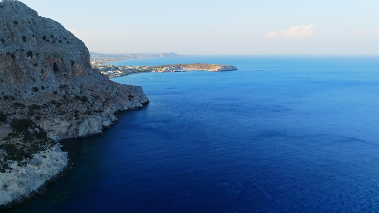 Aerial view away from the Bay of Kolymbia, sunny evening in Rhodes, Greece