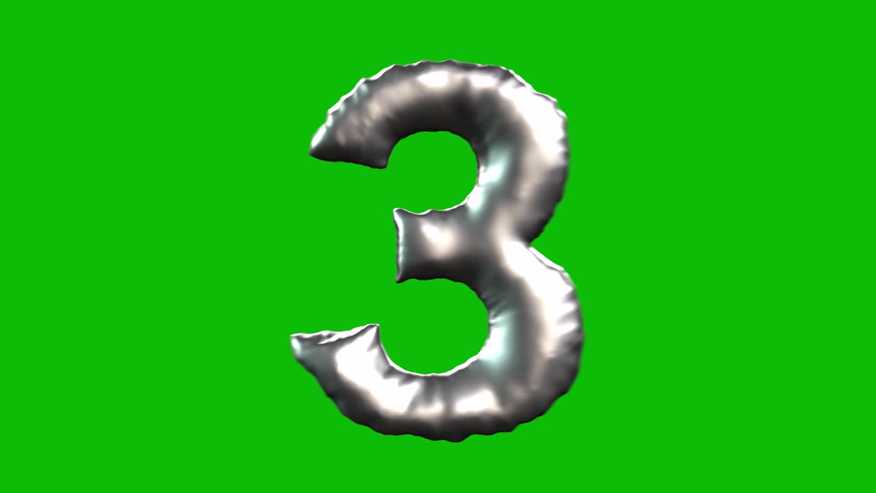Silver Foil balloon number 3 inflates, spins, and reveals on green screen in 3D animation. Ideal for celebrations, parties, birthdays, and video editing projects