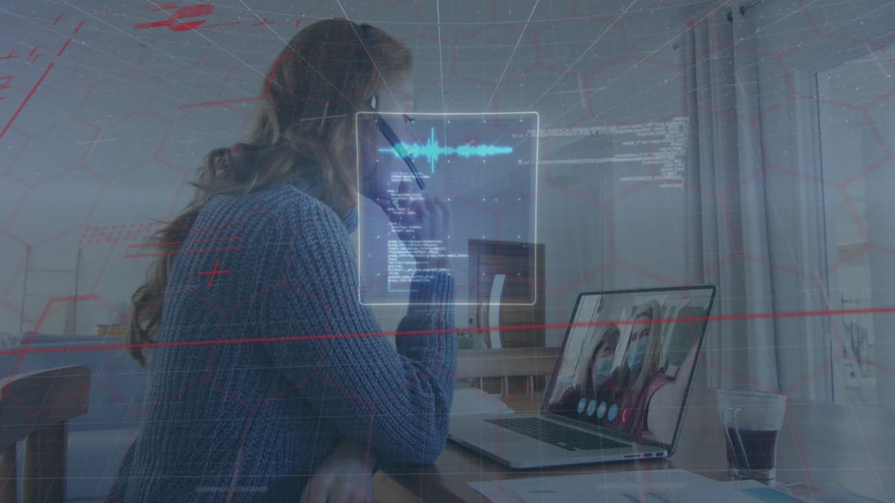 animación del procesamiento de datos sobre una mujer de negocios caucásica con auriculares de teléfono vr