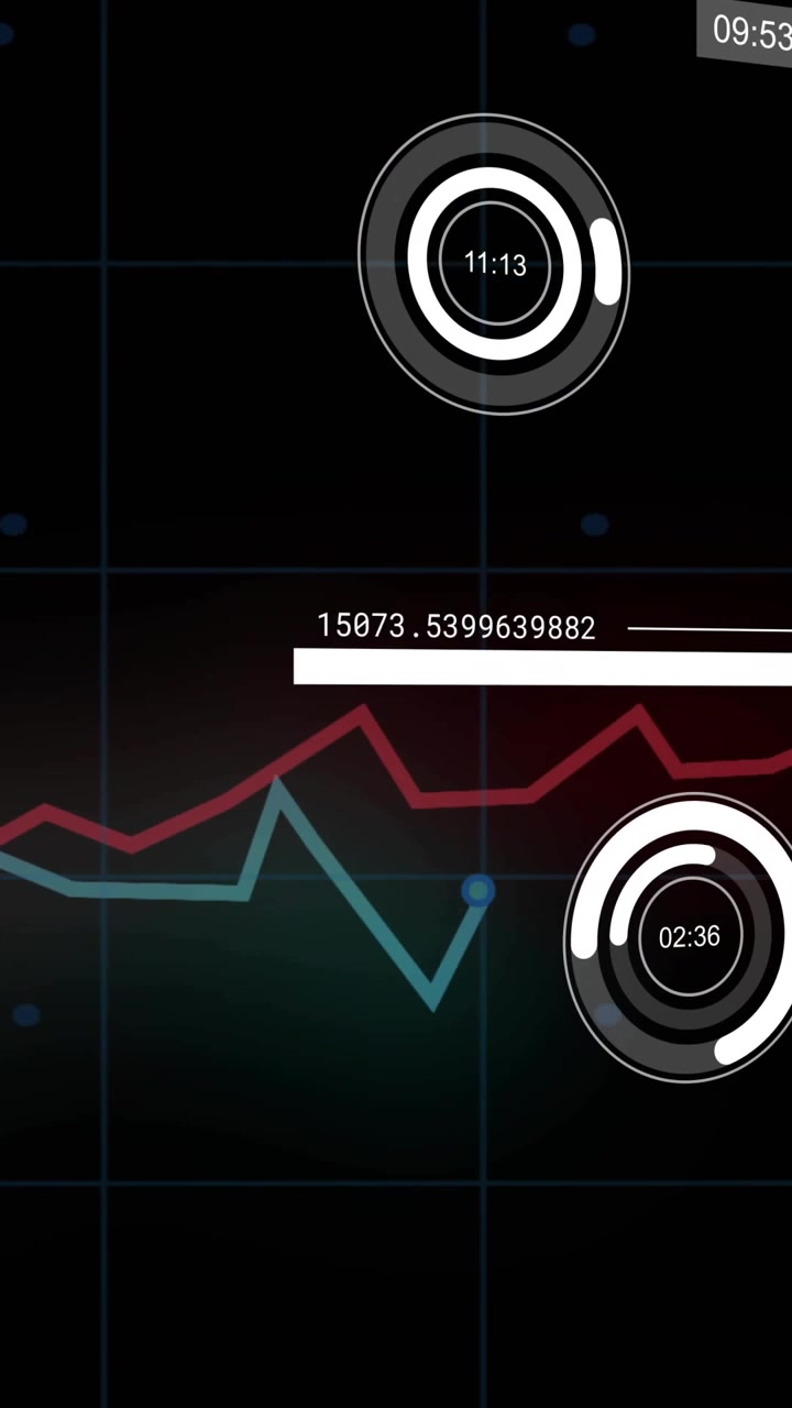 Video verticale: HUD tecnologico che riceve dati, animando grafici a linee e timer a ciambella per monitorare le metriche.