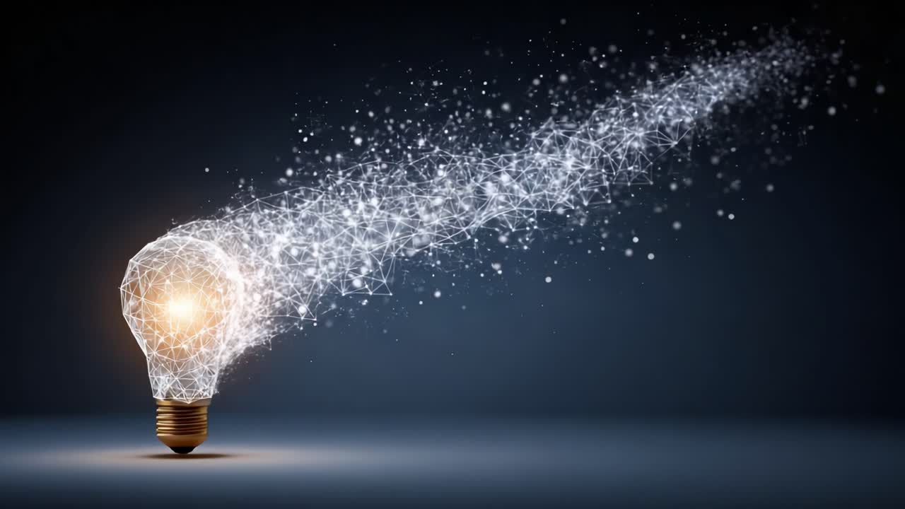 Innovazione illuminante: una lampadina dinamica che emette una scia di energia scintillante e idee in uno spazio buio, simboleggiando creatività e ispirazione.