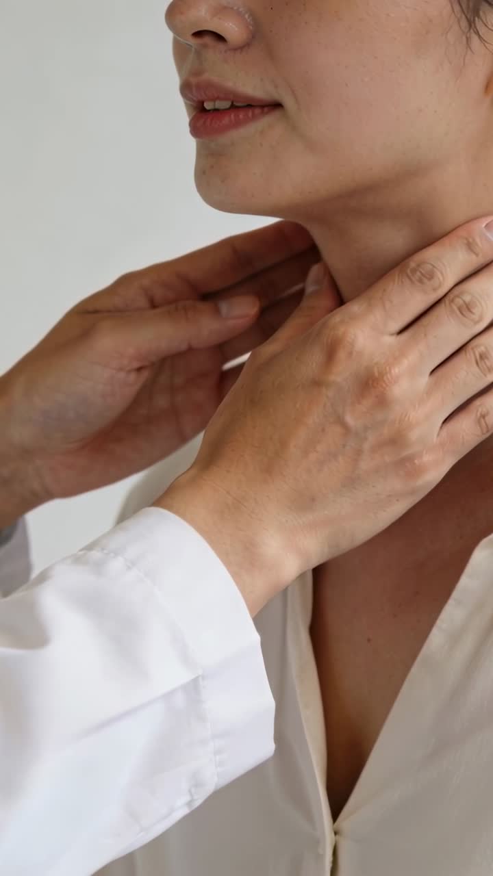 Video verticale: medico in camice in clinica che posiziona le mani e palpa il collo di una donna, controllando la tiroide.