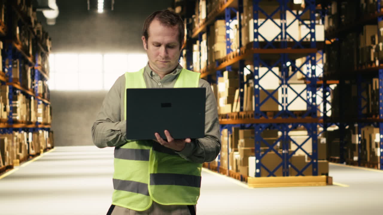 Addetto che utilizza un laptop per l'e-commerce, con i dettagli delle spedizioni in magazzino