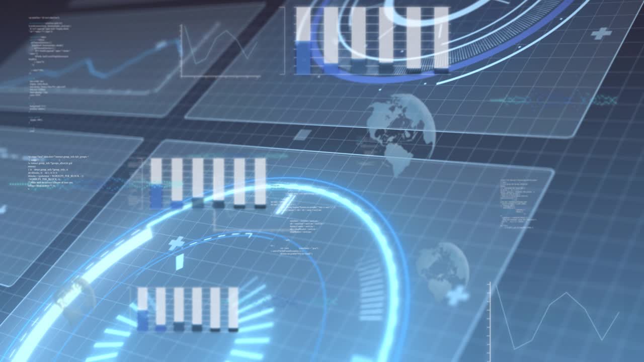 Radial ring pulsing HUD panels activating while bars updating and camera shifting showing telemetry