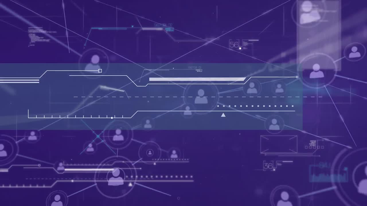Animation of network of connections and data processing on black background