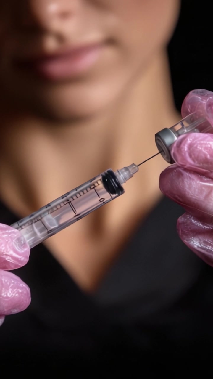 A careful examination of a syringe held with precision, highlighting the importance of safety and hygiene in medical or laboratory environments.
