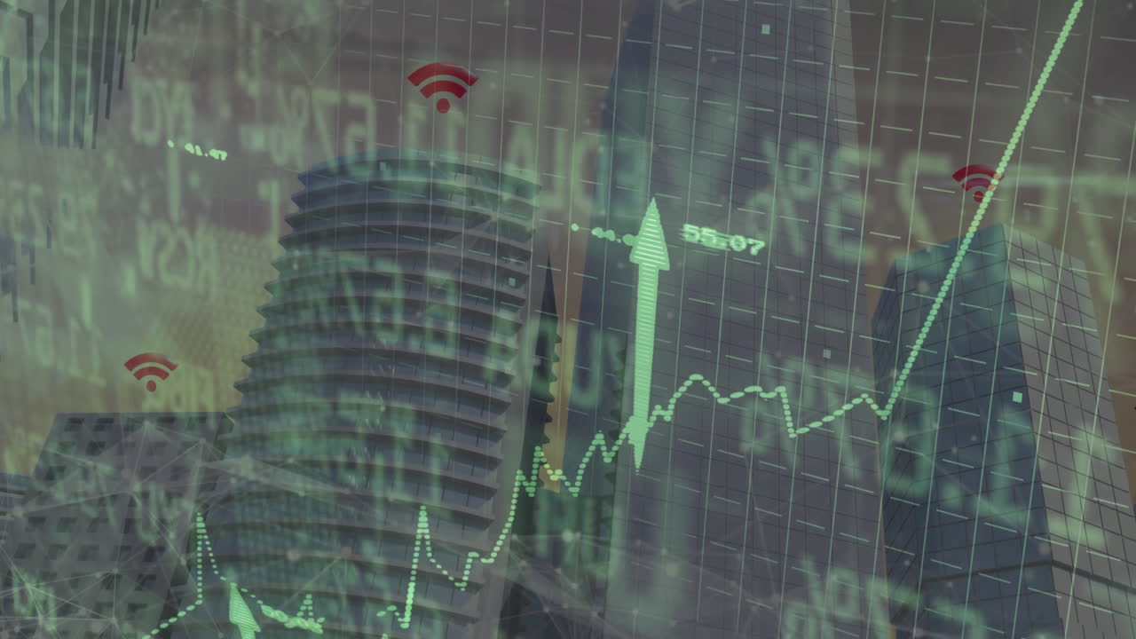 Green upward arrow and dotted line chart floating over cityscape, showing data and Wi?Fi icons