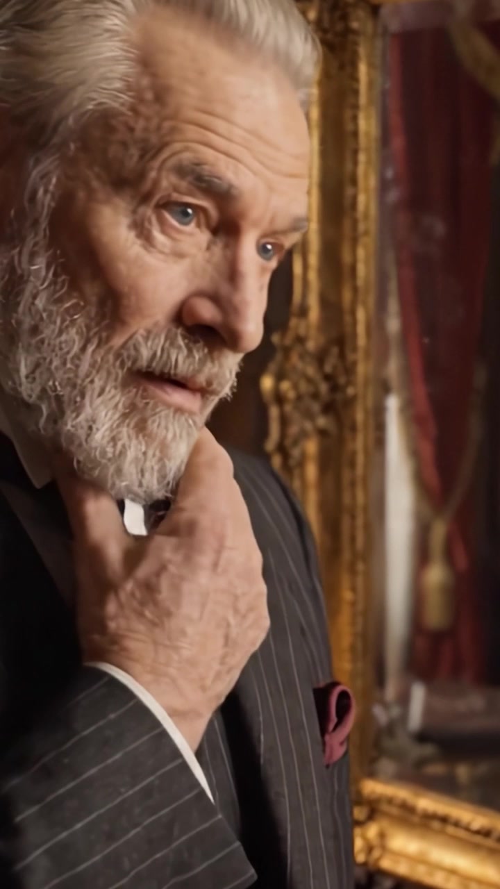 Un uomo elegante in abito sartoriale riflette sulla vita mentre si guarda in uno specchio vintage, circondato da un arredamento opulento e dal fascino senza tempo di un ambiente lussuoso.