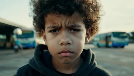 a young boy with a sad expression looks at the camera.