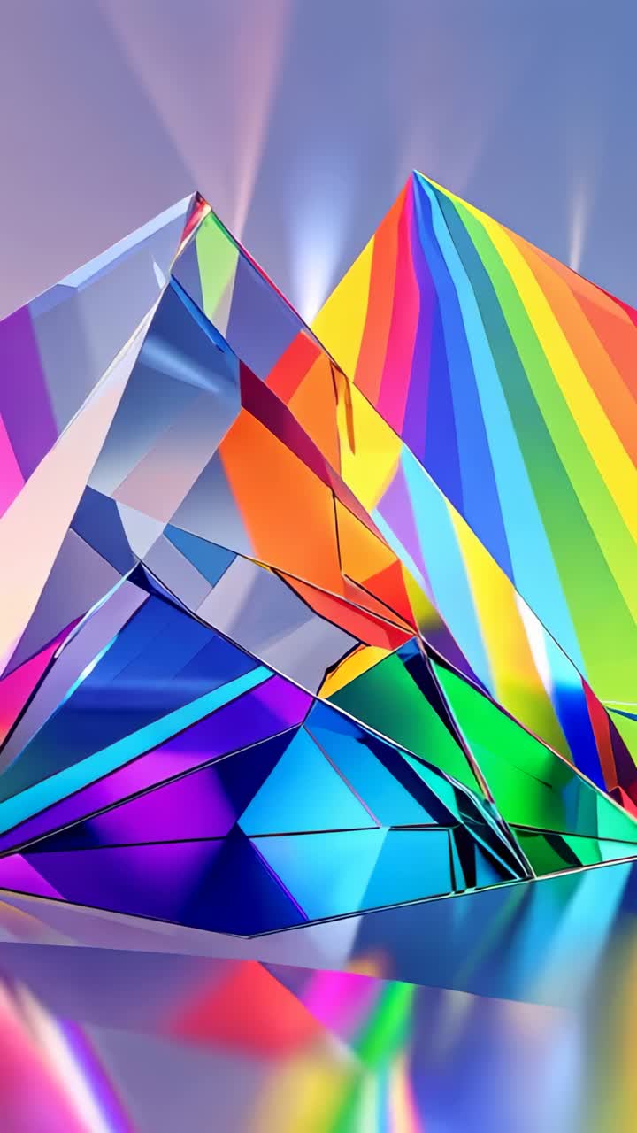 Vertical video: Panning camera over prism revealing shifting colors on digital stage, with pyramid
