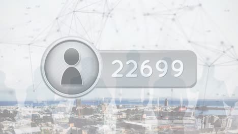 animation of network of connections with media icon over cityscape
