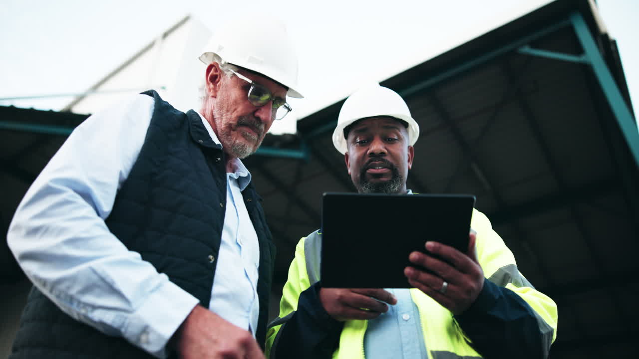 Construction workers using a tablet on site