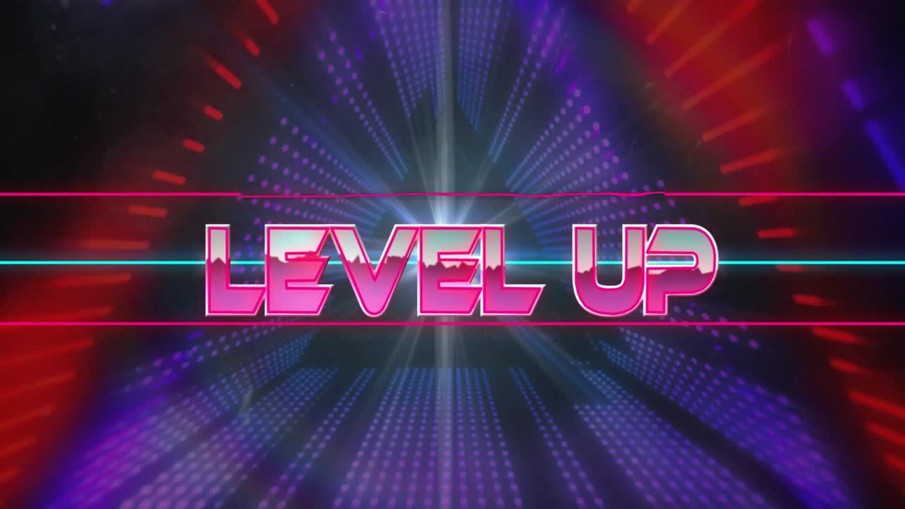 Punti neon pulsanti che si allontanano, un triangolo neon che si forma, una scritta "LEVEL UP" 3D rosa che gira, segnalando un aumento di livello.