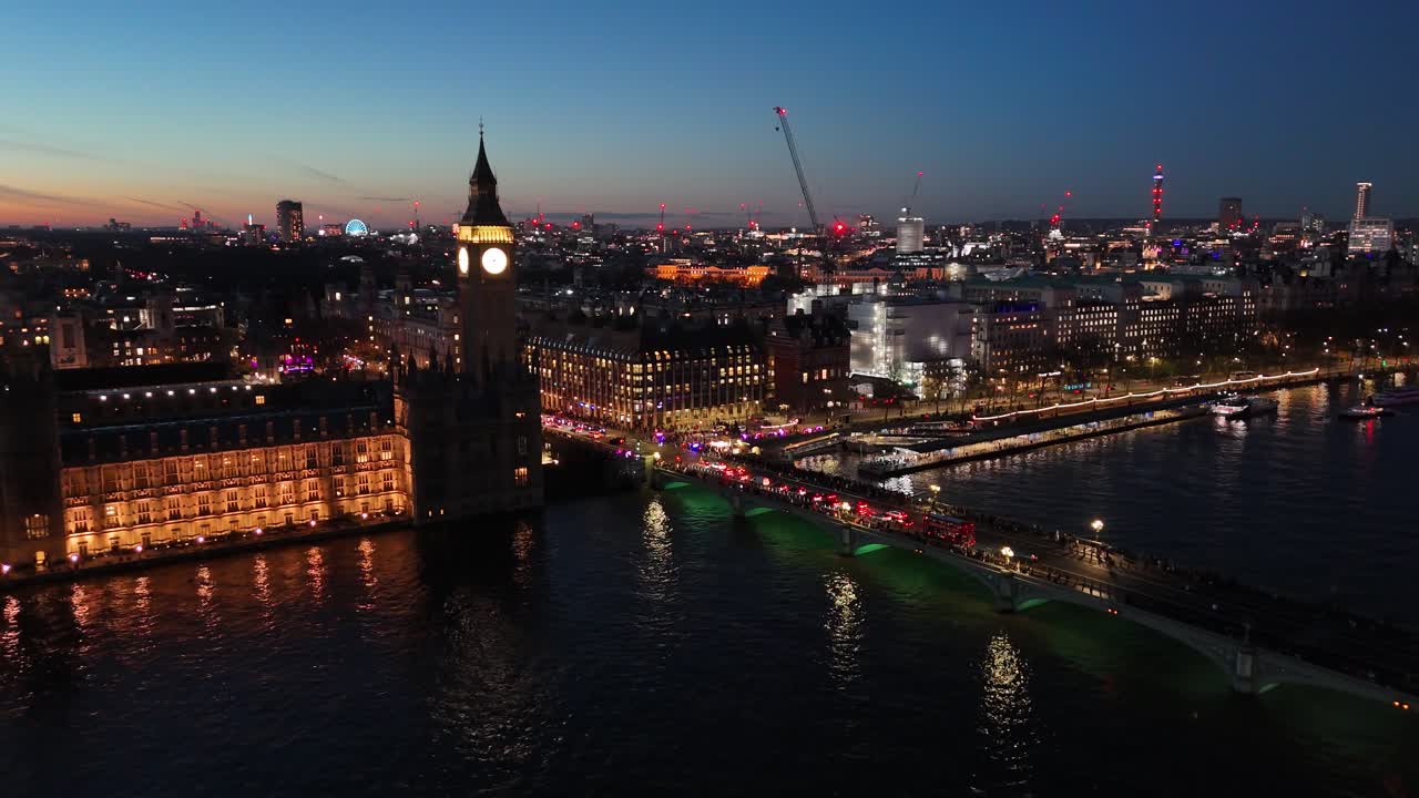 Westminster bridge London.skyline at dusk drone,aerial