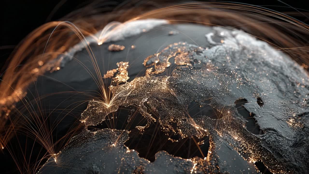 Luminous data streams and communication lines connecting major cities across Europe, representing global business, internet technology, finance, and the digital world from a space perspective