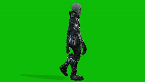 Grey-alien-wearing-a-space-suit-walking-on-green-screen,-seamless-loop-3D-animation,-side-view