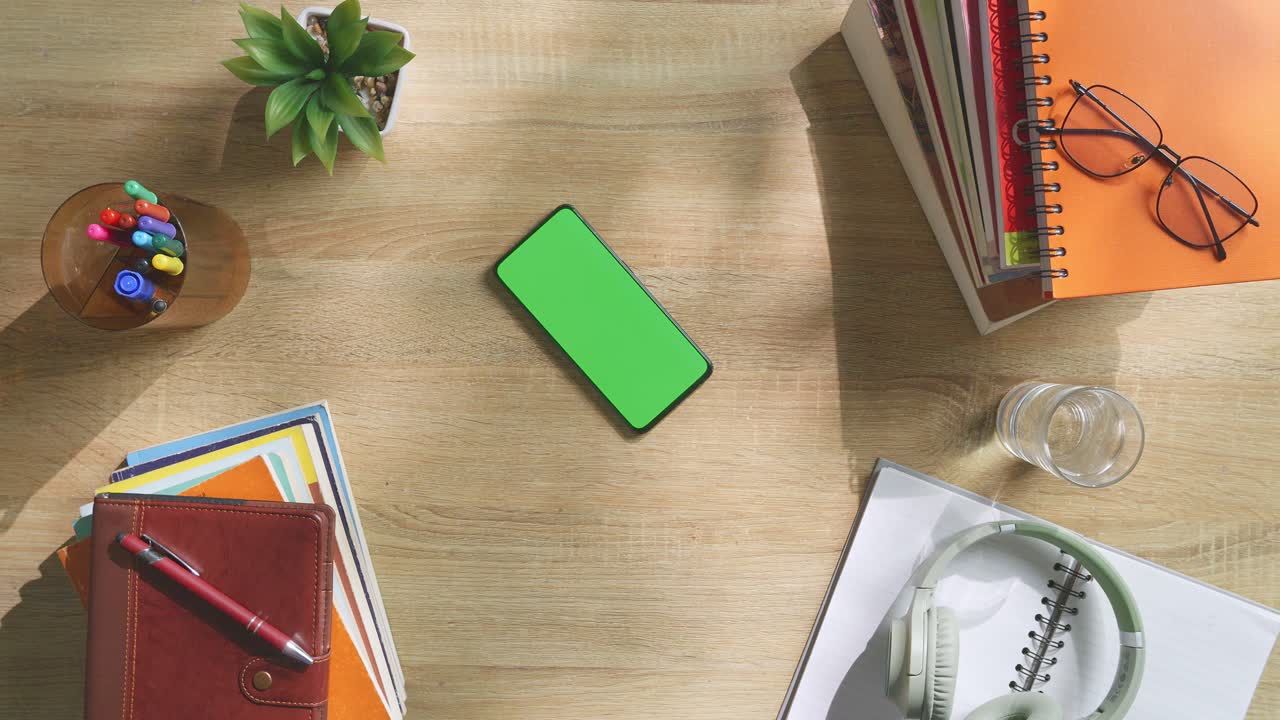 vista de arriba hacia abajo de una computadora portátil con pantalla verde simulada pantalla chromakey en un escritorio de oficina de madera al lado de la libreta con bolígrafos, gafas y un vaso de agua.