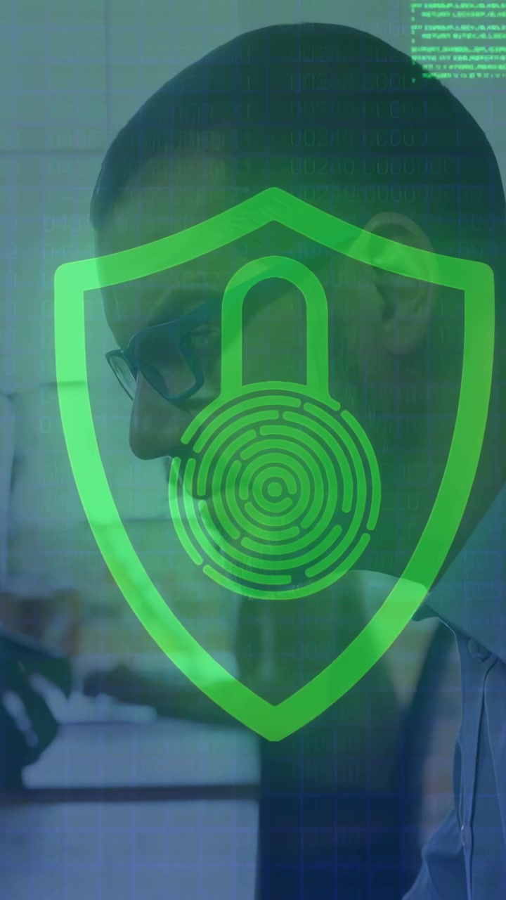 Video verticale: Professionista IT che digita mentre controlla un overlay di blocco scudo che mostra codice verde, rosso, magenta che cambia.