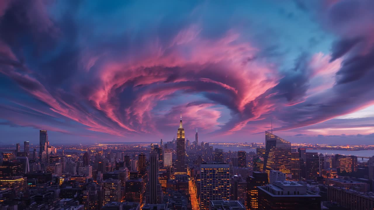 Opening dusk revealing swirling pink vortex over skyline with skyscraper and street grid and river
