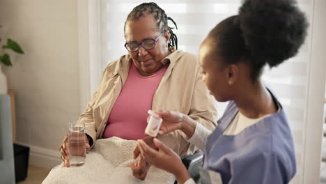 nurse, pills and mature black woman drinking