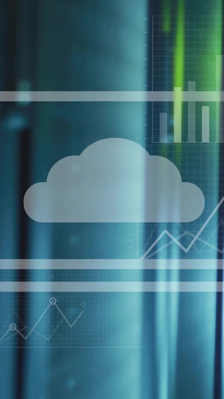Vertical video: Data HUD animating on load, scaling cloud, drawing bars and line graph for analysis