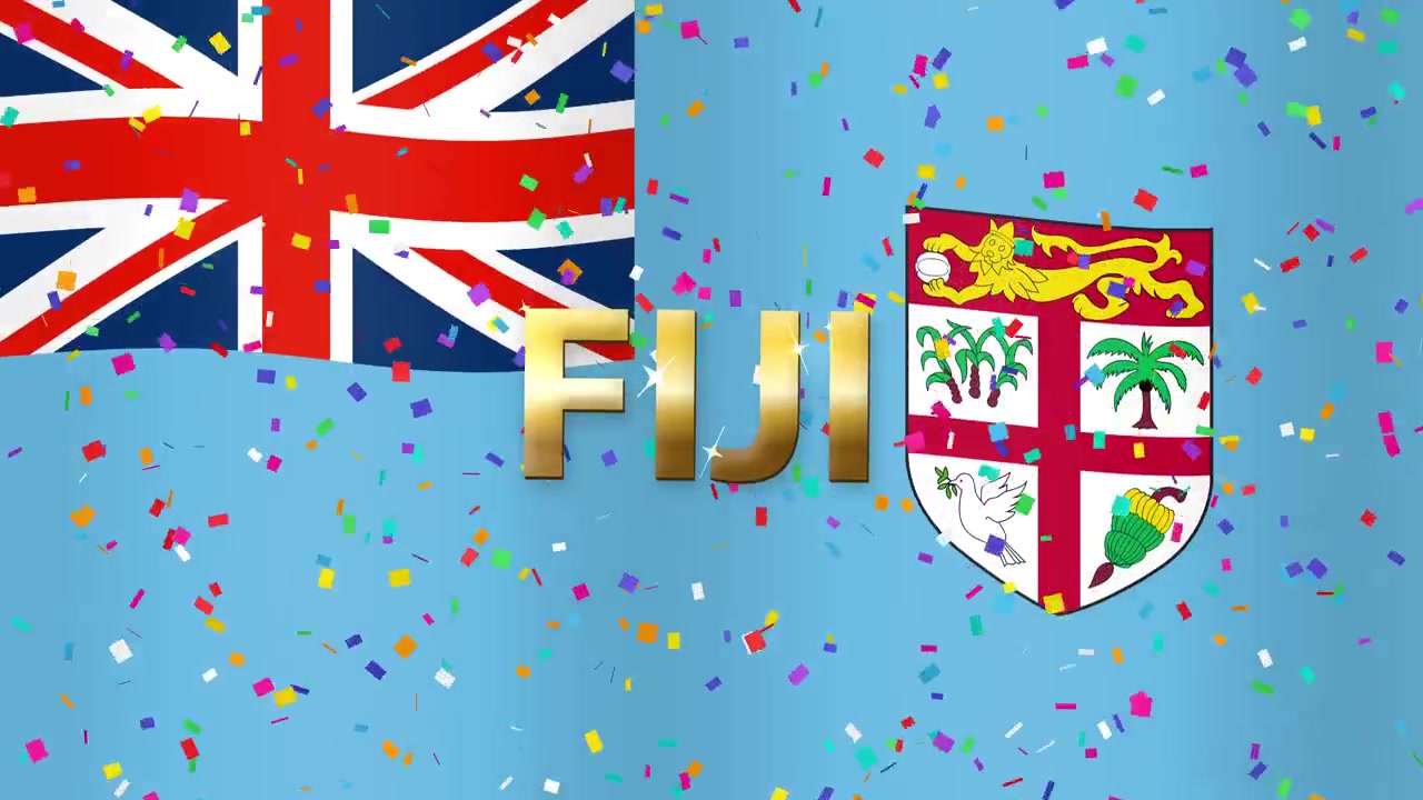 Wapperende Fiji vlag achtergrond met vallende kleurrijke confetti en 3D gouden tekstanimatie